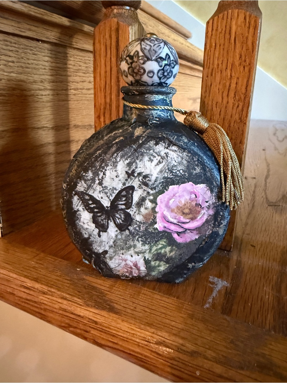 Round DecorativeHand painted Bottle with Pink Rose & Butterfly